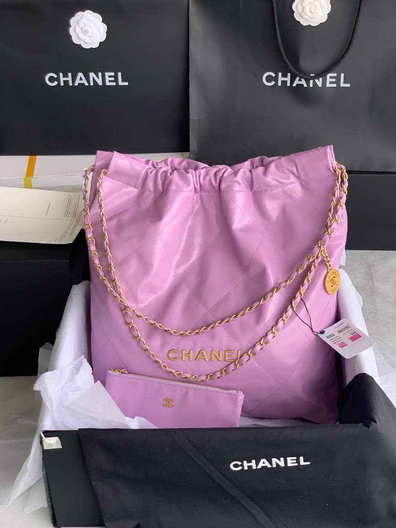 Chanel 22 Large Handbag AS3262 Shiny Calfskin Gold-Tone Metal Purple