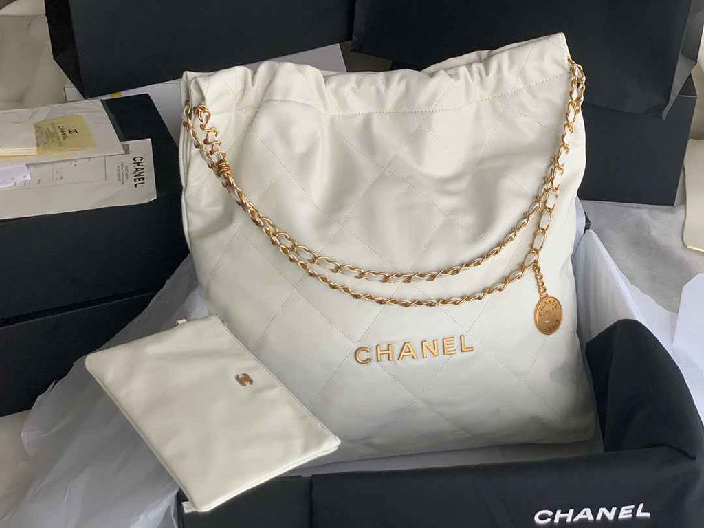 Chanel 22 Large Handbag AS3262 Shiny Calfskin Gold-Tone Metal White