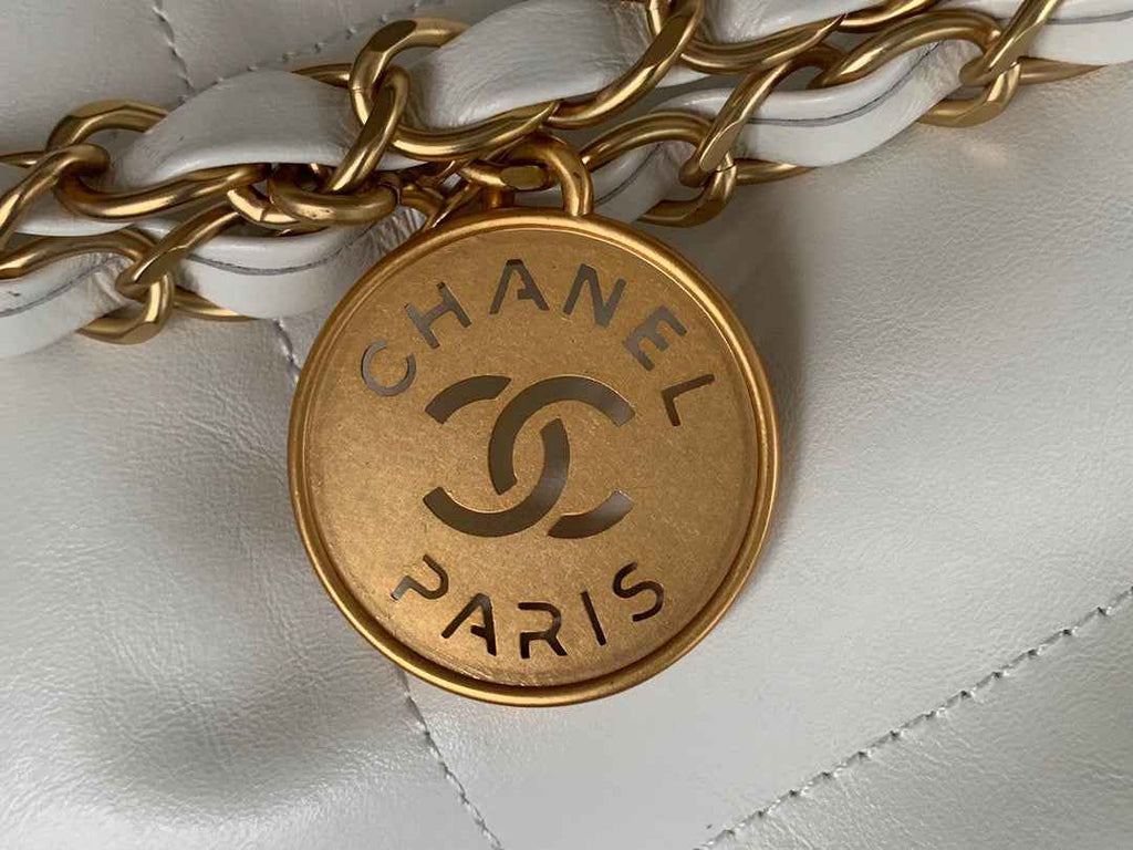 Chanel 22 Large Handbag AS3262 Shiny Calfskin Gold-Tone Metal White