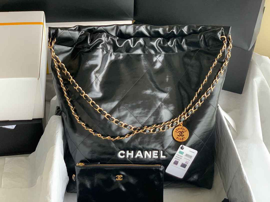 Chanel 22 Large Handbag AS3262 Shiny Calfskin Lacquered Metal Black Logo White