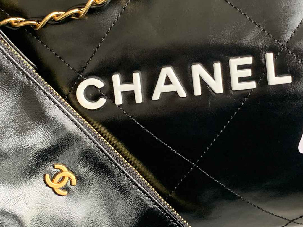 Chanel 22 Large Handbag AS3262 Shiny Calfskin Lacquered Metal Black Logo White