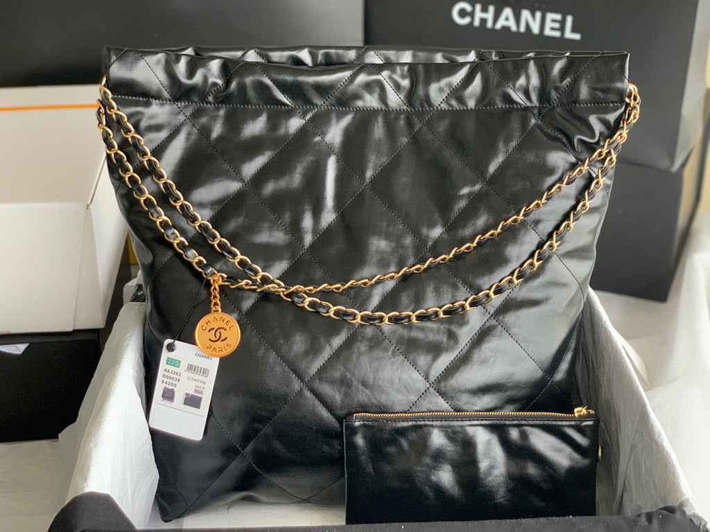 Chanel 22 Large Handbag AS3262 Shiny Calfskin Lacquered Metal Black Logo White