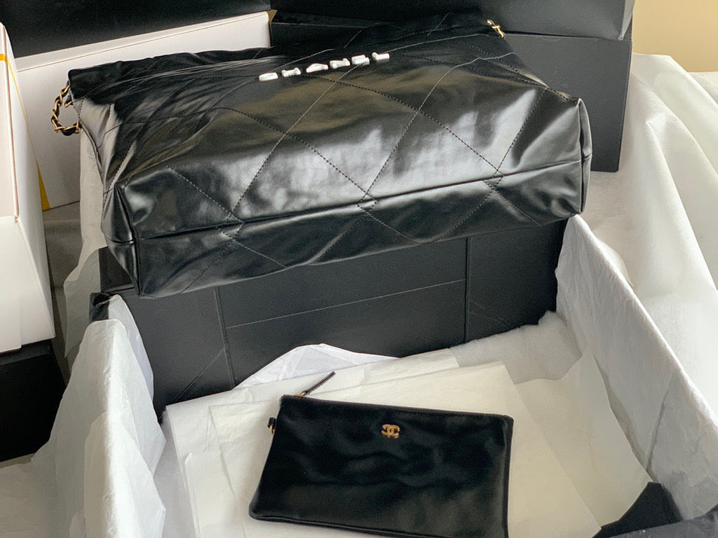 Chanel 22 Large Handbag AS3262 Shiny Calfskin Lacquered Metal Black Logo White