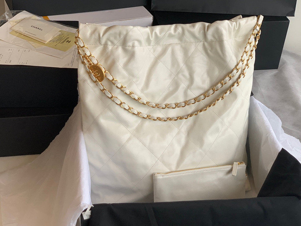 Chanel 22 Large Handbag AS3262 Shiny Calfskin Lacquered Metal White Logo Black