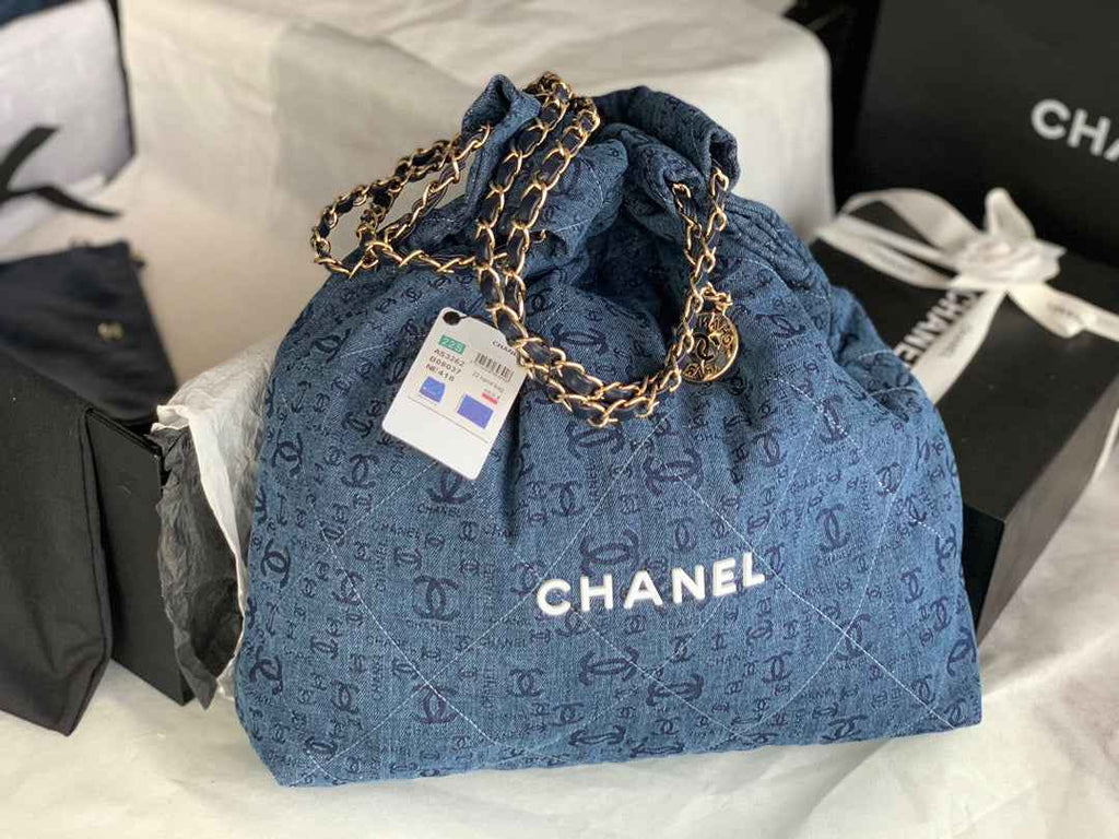 Chanel 22 Large Handbag AS3262 Clothes Gold-Tone Metal Blue logo white