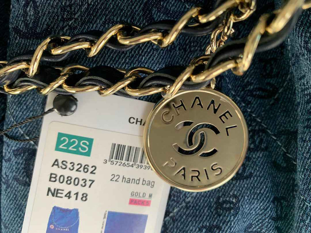 Chanel 22 Large Handbag AS3262 Clothes Gold-Tone Metal Blue logo white