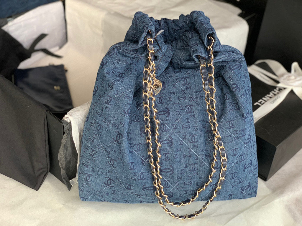 Chanel 22 Large Handbag AS3262 Clothes Gold-Tone Metal Blue logo white
