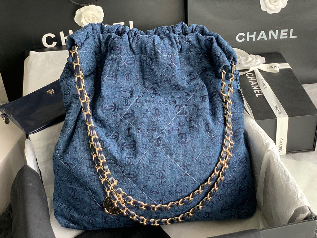 Chanel 22 Large Handbag AS3262 Clothes Gold-Tone Metal Blue