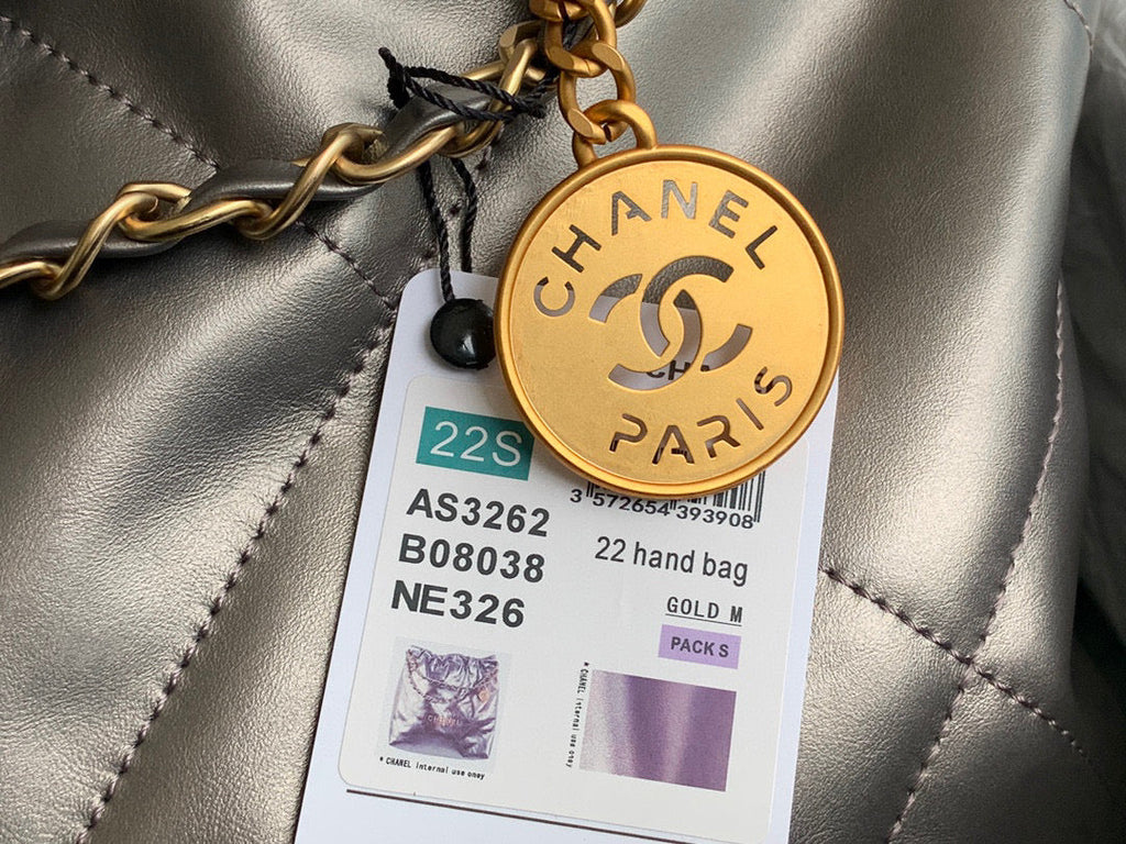 Chanel 22 Large Handbag AS3262 Shiny Calfskin Gold-Tone Metal Ruthenium