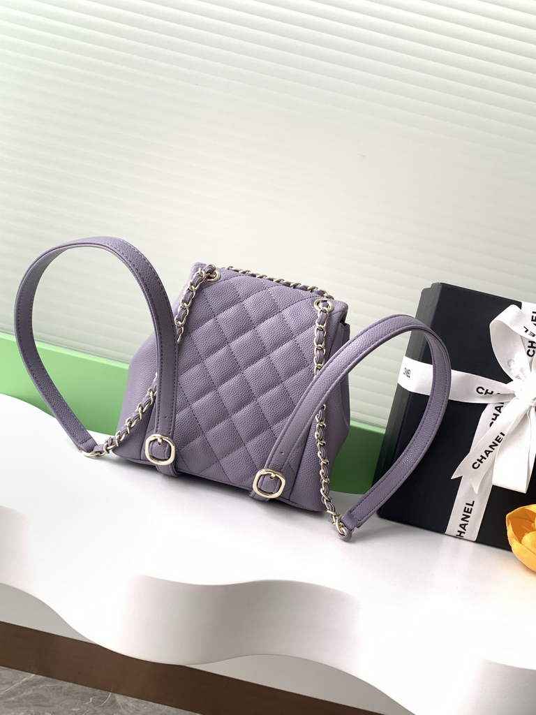 Chanel AS3787 Small backpack Grained shiny calfskin gold Purple