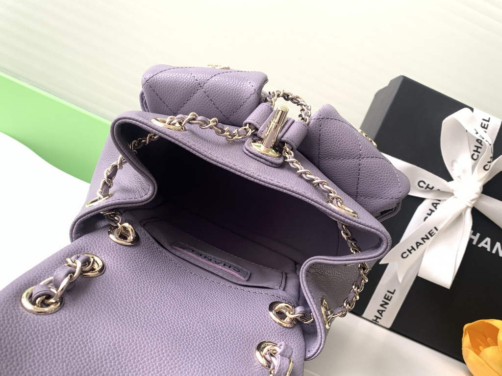 Chanel AS3787 Small backpack Grained shiny calfskin gold Purple