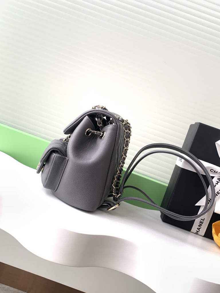 Chanel AS3787 Small backpack Grained shiny calfskin gold Gray