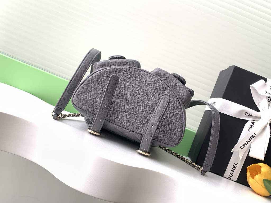 Chanel AS3787 Small backpack Grained shiny calfskin gold Gray