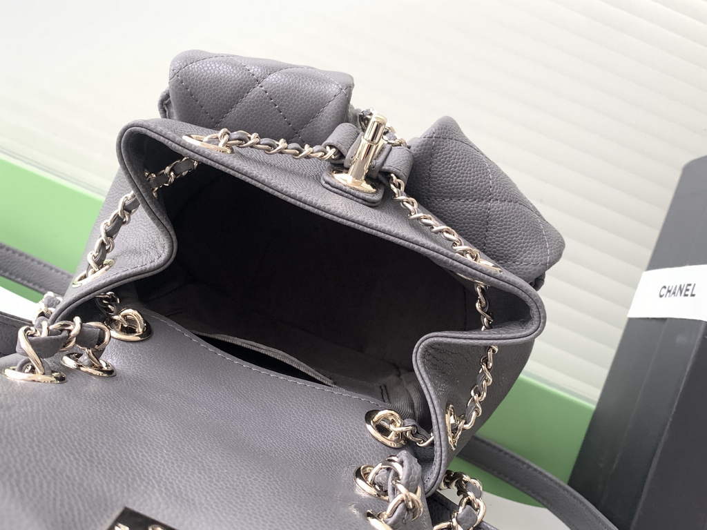 Chanel AS3787 Small backpack Grained shiny calfskin gold Gray