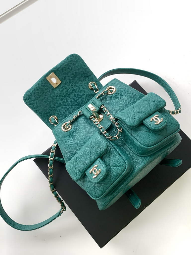 Chanel AS3787 Small backpack Grained shiny calfskin gold Green
