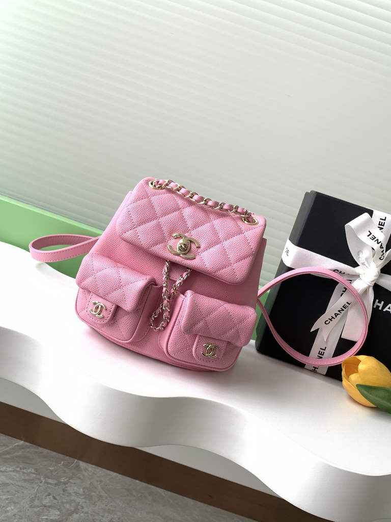 Chanel AS3787 Small backpack Grained shiny calfskin gold Pink