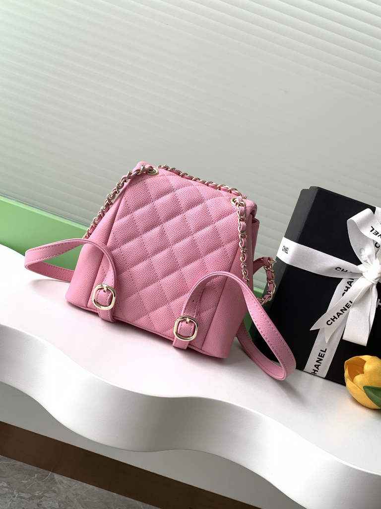 Chanel AS3787 Small backpack Grained shiny calfskin gold Pink