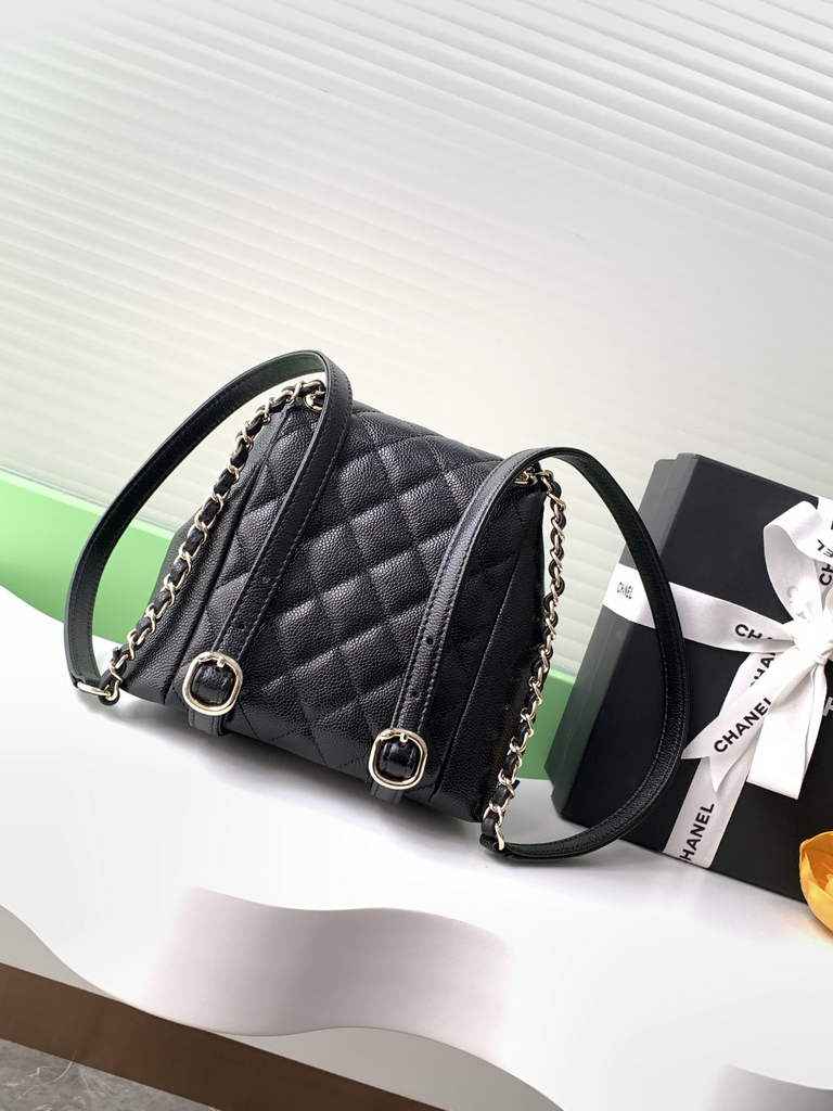 Chanel AS3787 Small backpack Grained shiny calfskin gold Black