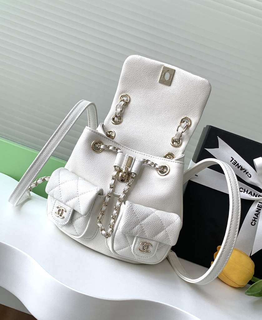 Chanel AS3787 Small backpack Grained shiny calfskin gold white