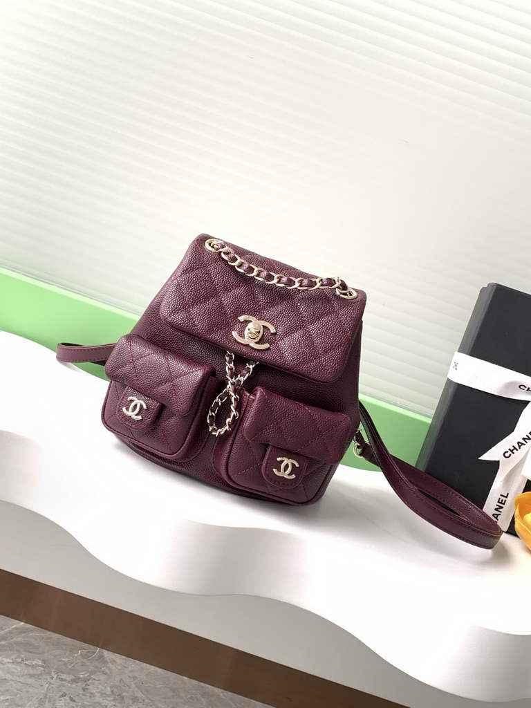 Chanel Small backpack Grained shiny calfskin AS3787 gold wine red