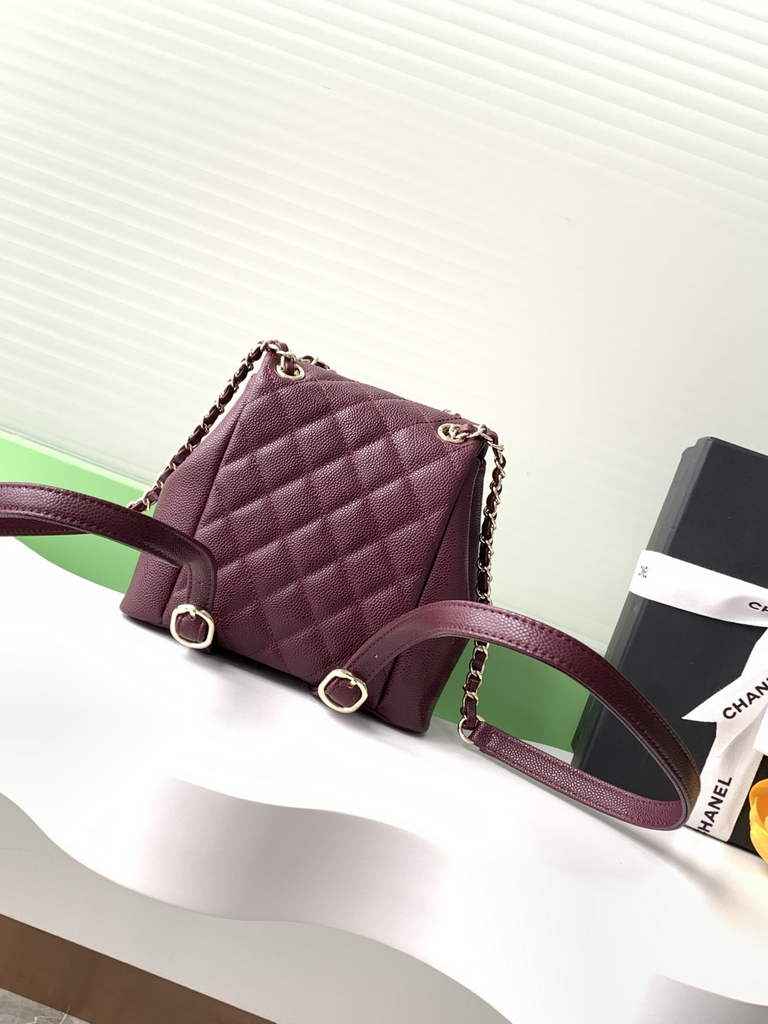 Chanel Small backpack Grained shiny calfskin AS3787 gold wine red