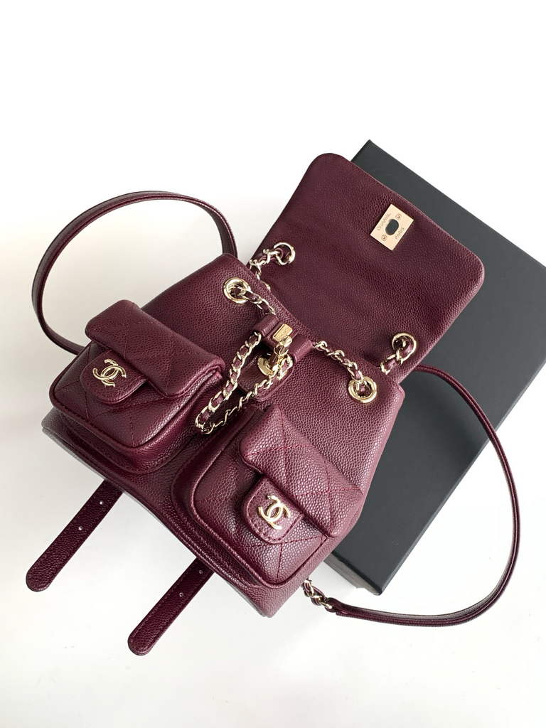 Chanel Small backpack Grained shiny calfskin AS3787 gold wine red