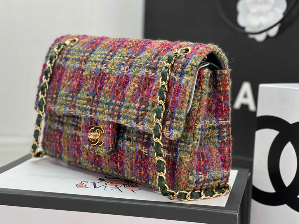 Chanel A01112 Classic Handbag Wool Tweed Gold-Tone Metal Brown Green - Default Title - View 2