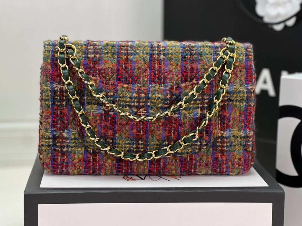 Chanel A01112 Classic Handbag Wool Tweed Gold-Tone Metal Brown Green - Default Title - View 3