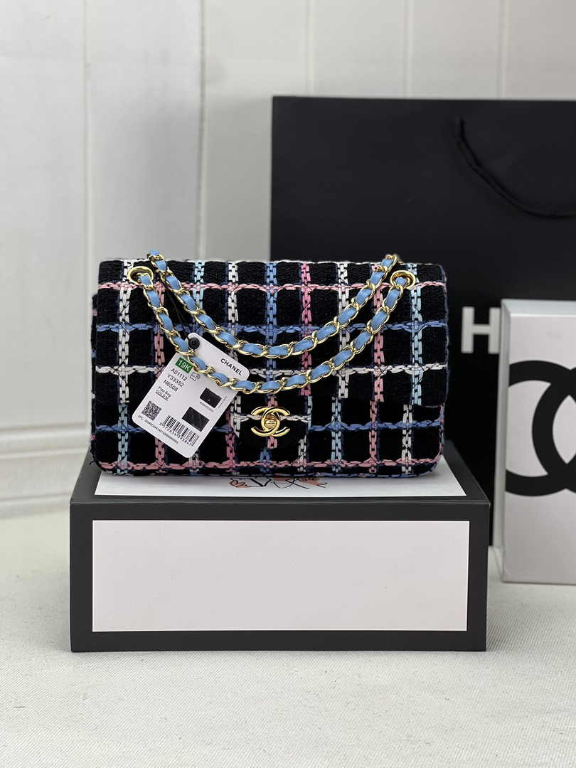 Chanel A01112 Classic Handbag Blue Wool Tweed Gold-Tone Metal - Default Title - View 1