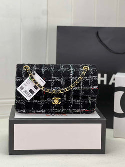 Chanel A01112 Classic Handbag Wool Tweed Gold-Tone Metal Black - Default Title - View 1