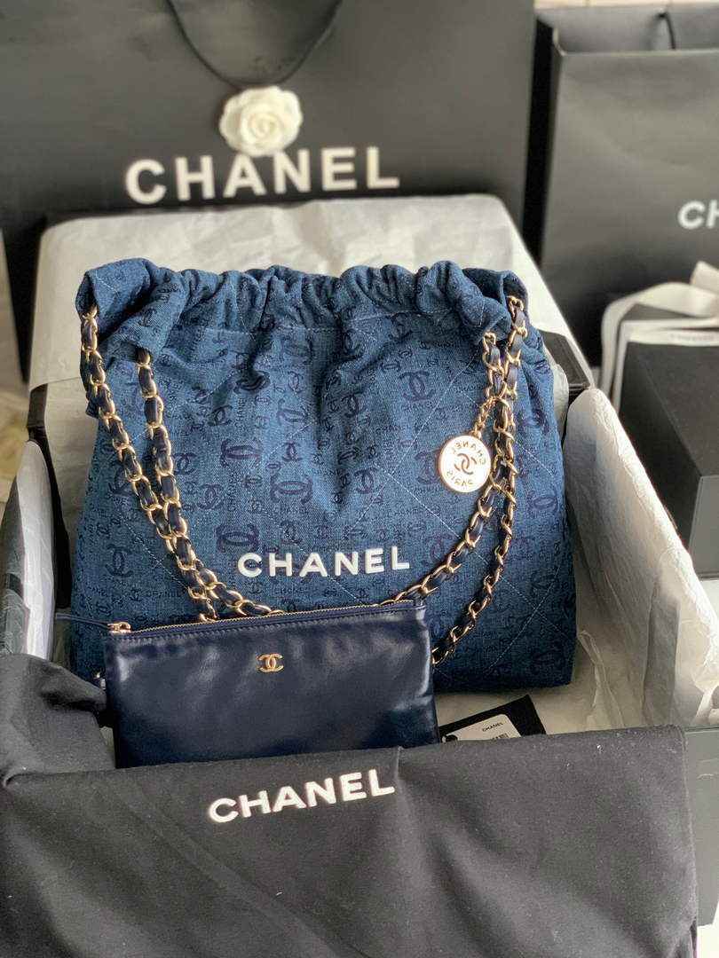 Chanel AS3261 22 Handbag Gold-Tone Metal Blue Logo white