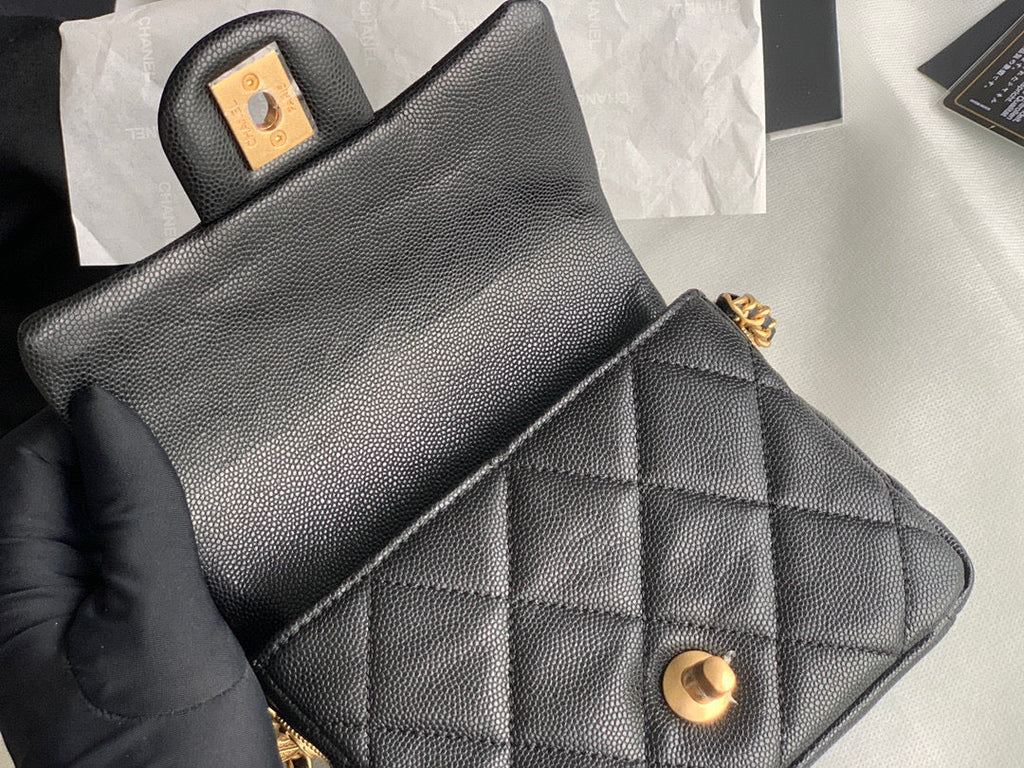 Chanel AS3368 Mini Flap Bag Shiny Calfskin Gold-Tone Metal Black
