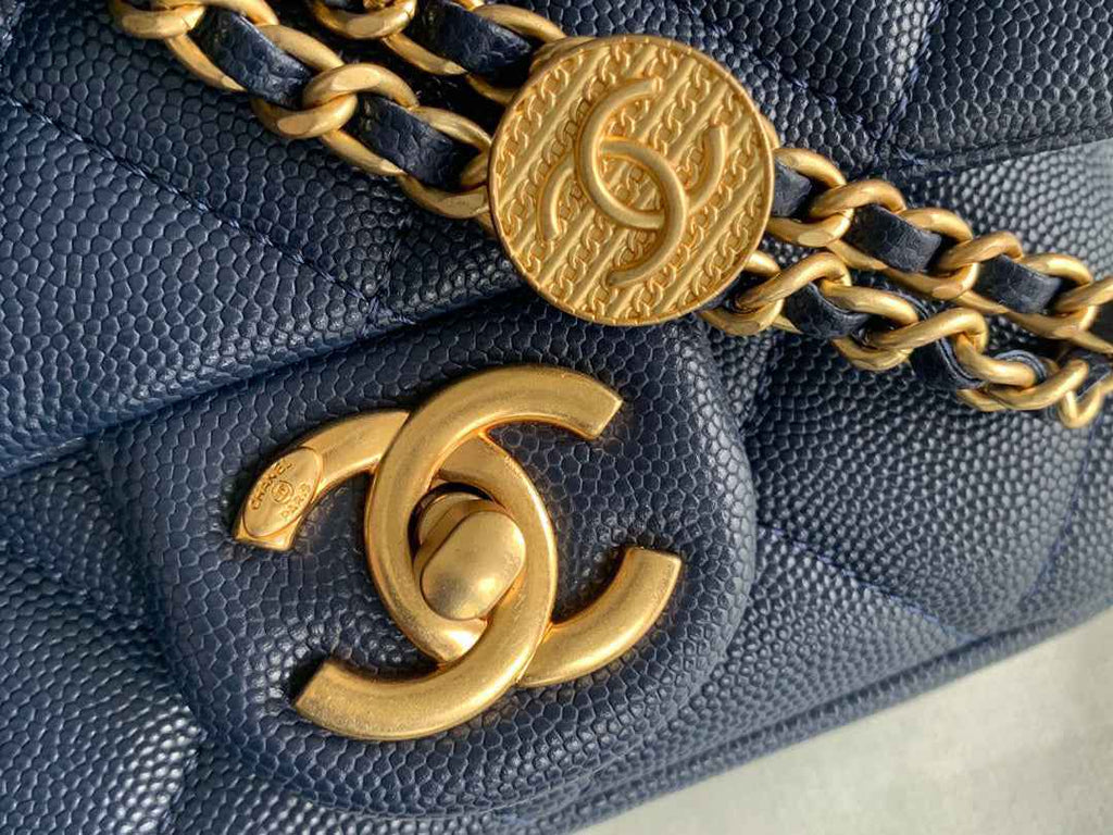 Chanel AS3368 Mini Flap Bag Shiny Calfskin Gold-Tone Metal Navy Blue