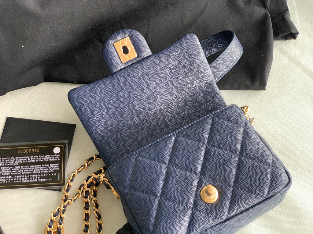 Chanel AS3368 Mini Flap Bag Shiny Calfskin Gold-Tone Metal Navy Blue