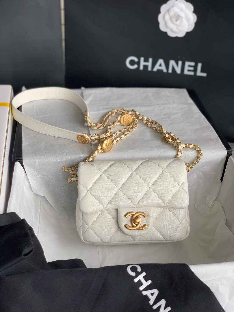 Chanel AS3368 Mini Flap Bag Shiny Calfskin Gold-Tone Metal White