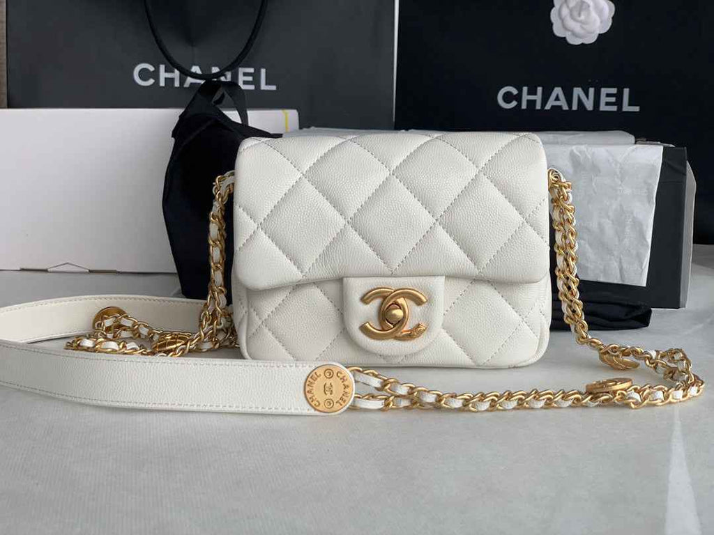 Chanel AS3368 Mini Flap Bag Shiny Calfskin Gold-Tone Metal White