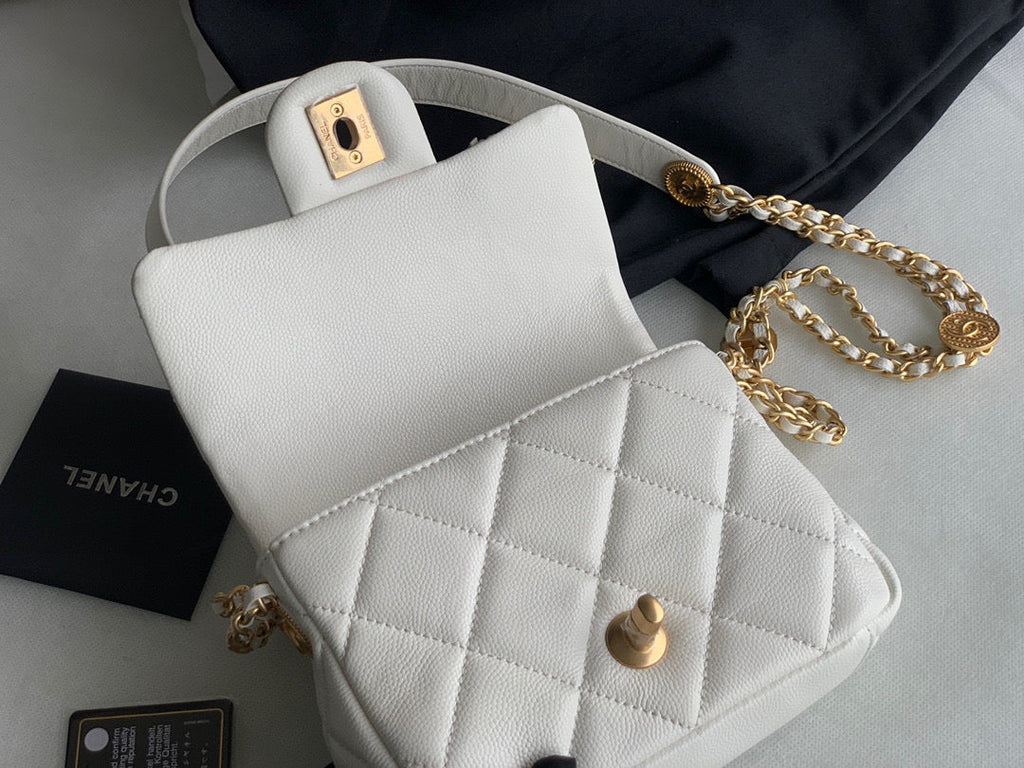 Chanel AS3368 Mini Flap Bag Shiny Calfskin Gold-Tone Metal White