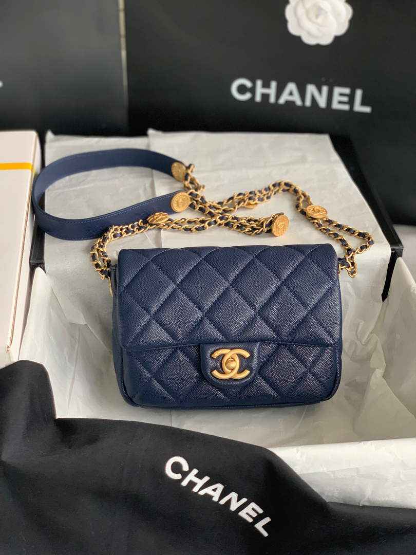 Chanel AS3369 Small Flap Bag Shiny Calfskin Gold-Tone Metal Navy Blue