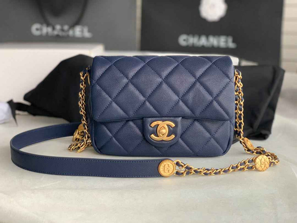 Chanel AS3369 Small Flap Bag Shiny Calfskin Gold-Tone Metal Navy Blue