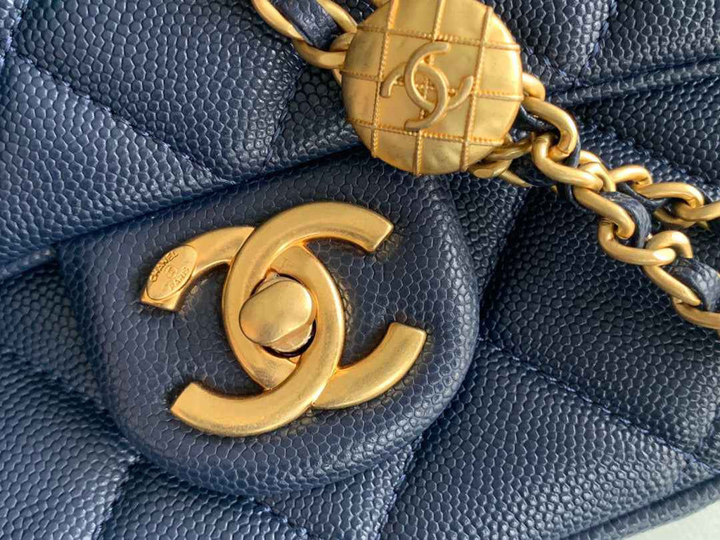 Chanel AS3369 Small Flap Bag Shiny Calfskin Gold-Tone Metal Navy Blue