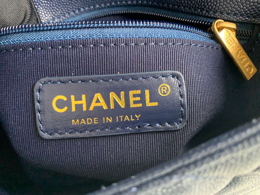 Chanel AS3369 Small Flap Bag Shiny Calfskin Gold-Tone Metal Navy Blue