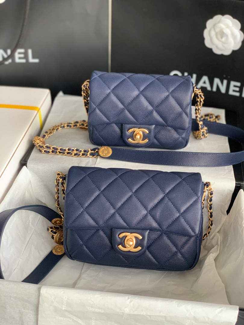 Chanel AS3369 Small Flap Bag Shiny Calfskin Gold-Tone Metal Navy Blue