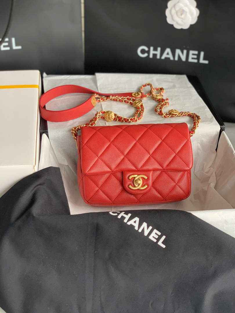 Chanel AS3369 Small Flap Bag Shiny Calfskin Gold-Tone Metal Red