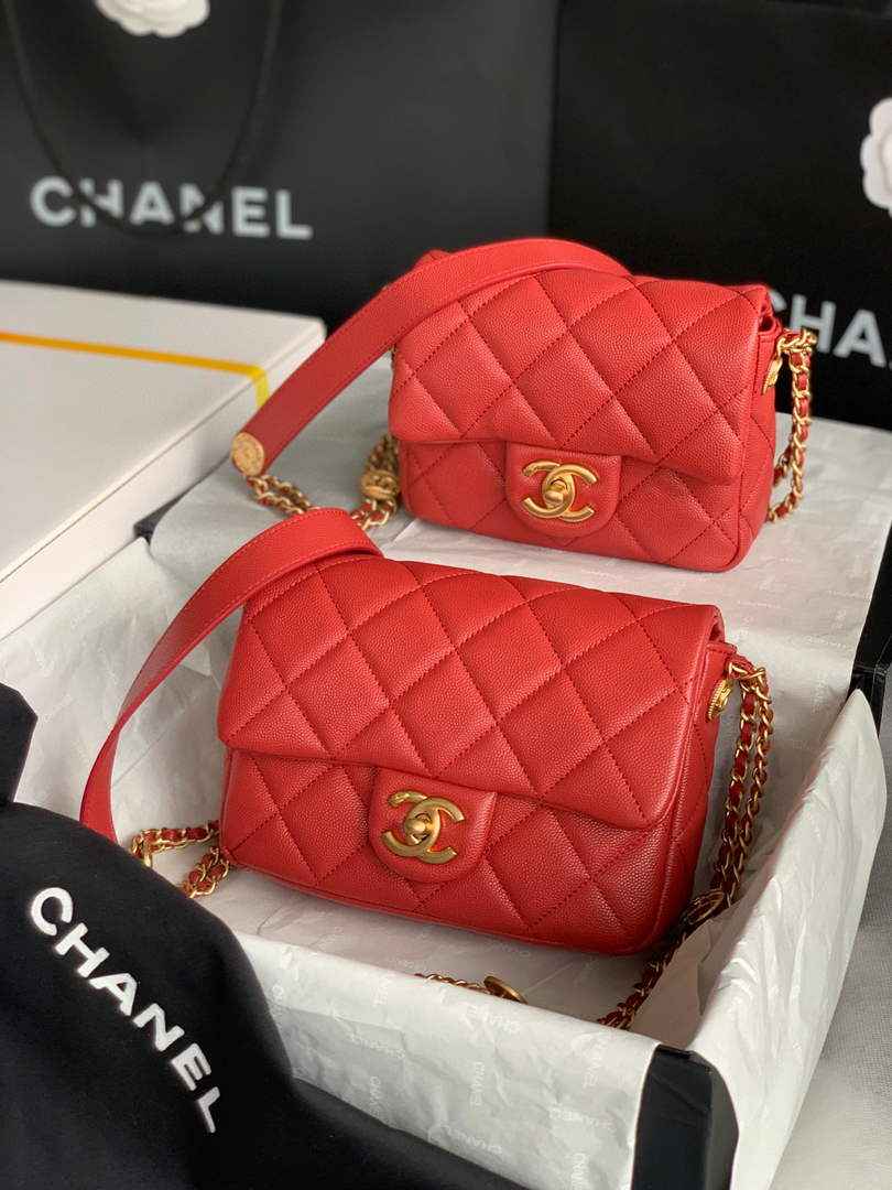 Chanel AS3369 Small Flap Bag Shiny Calfskin Gold-Tone Metal Red
