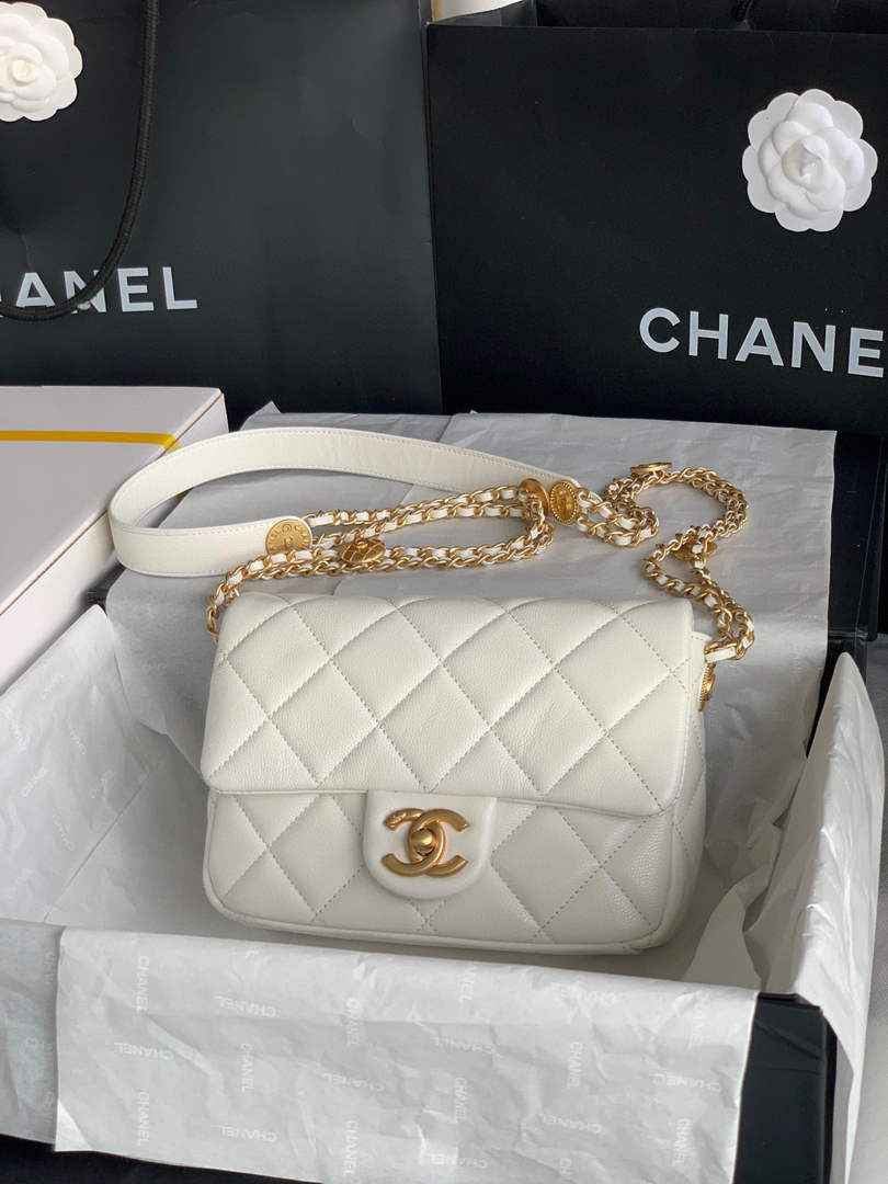 Chanel AS3369 Small Flap Bag Shiny Calfskin Gold-Tone Metal White
