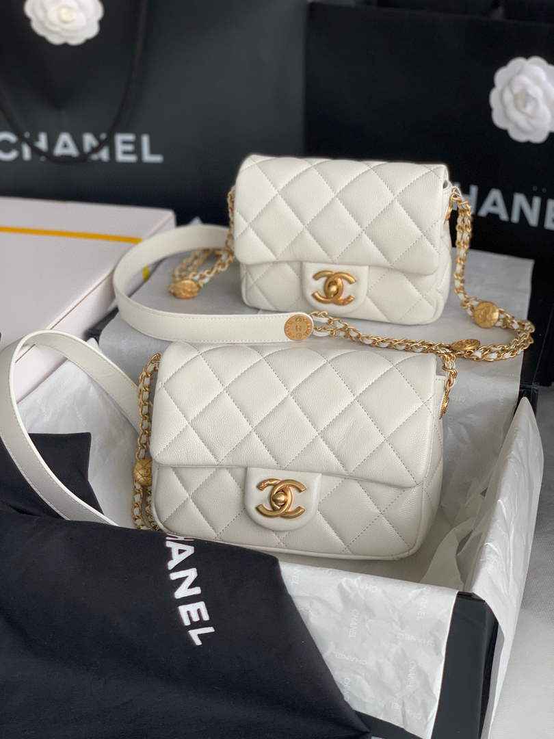 Chanel AS3369 Small Flap Bag Shiny Calfskin Gold-Tone Metal White