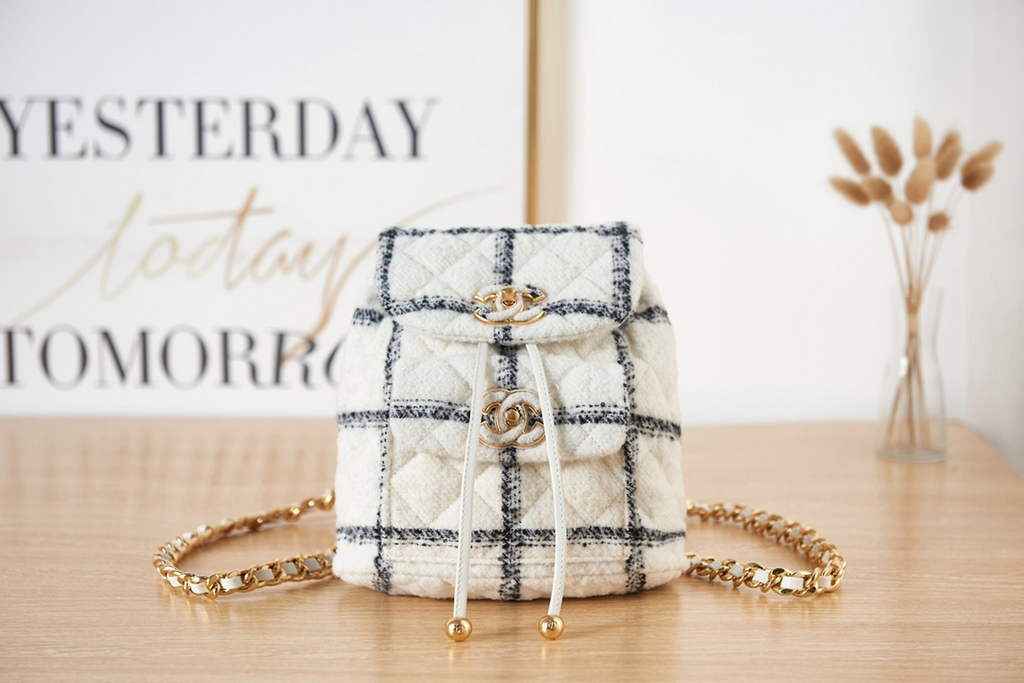 Chanel AS3615 Backpacks Wool tweed gold-tone metal White