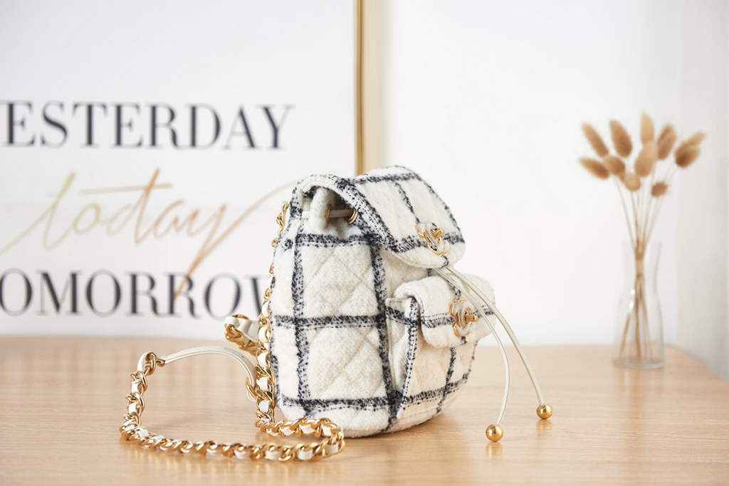 Chanel AS3615 Backpacks Wool tweed gold-tone metal White