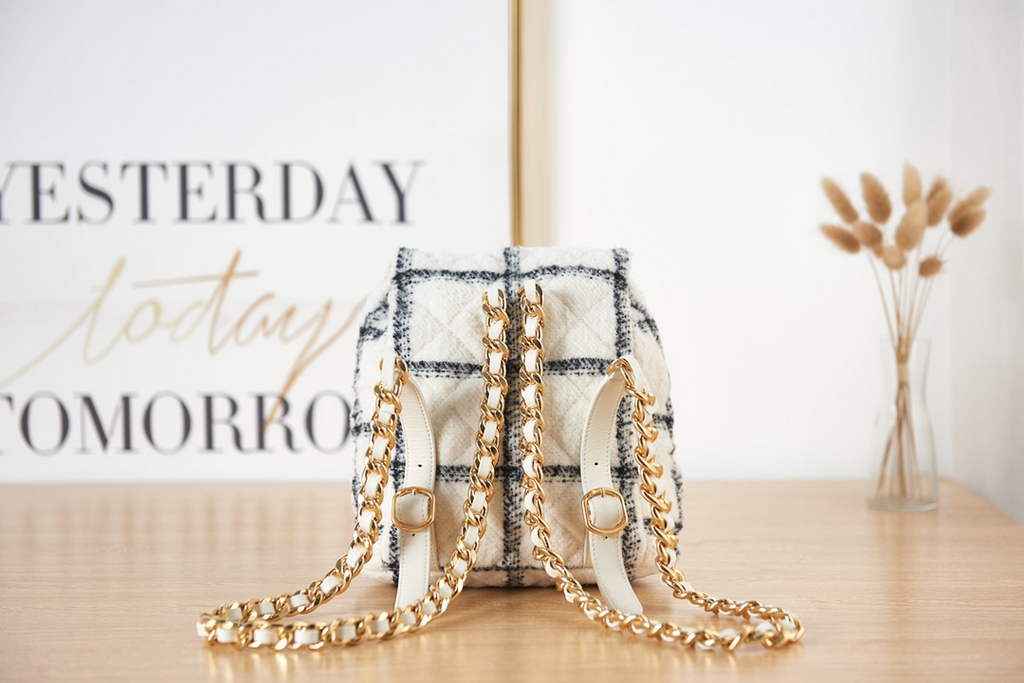 Chanel AS3615 Backpacks Wool tweed gold-tone metal White