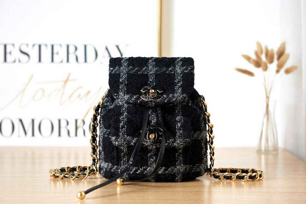 Chanel AS3615 Backpacks Wool tweed gold-tone metal Black